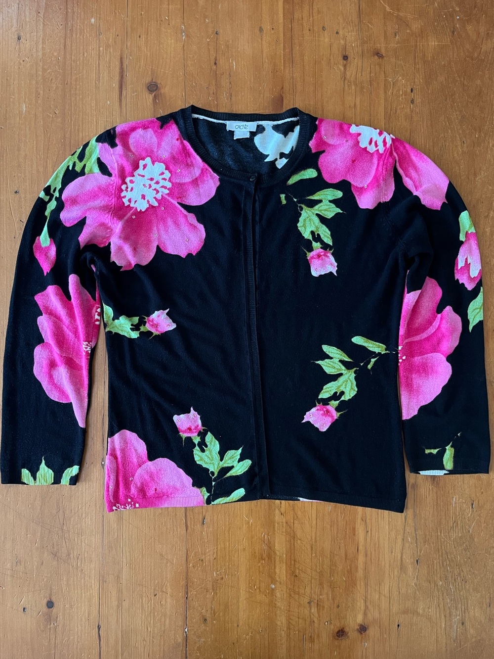 Cache Vintage 90s Black & Pink Floral Crew Neck Cardigan Single Button Beading